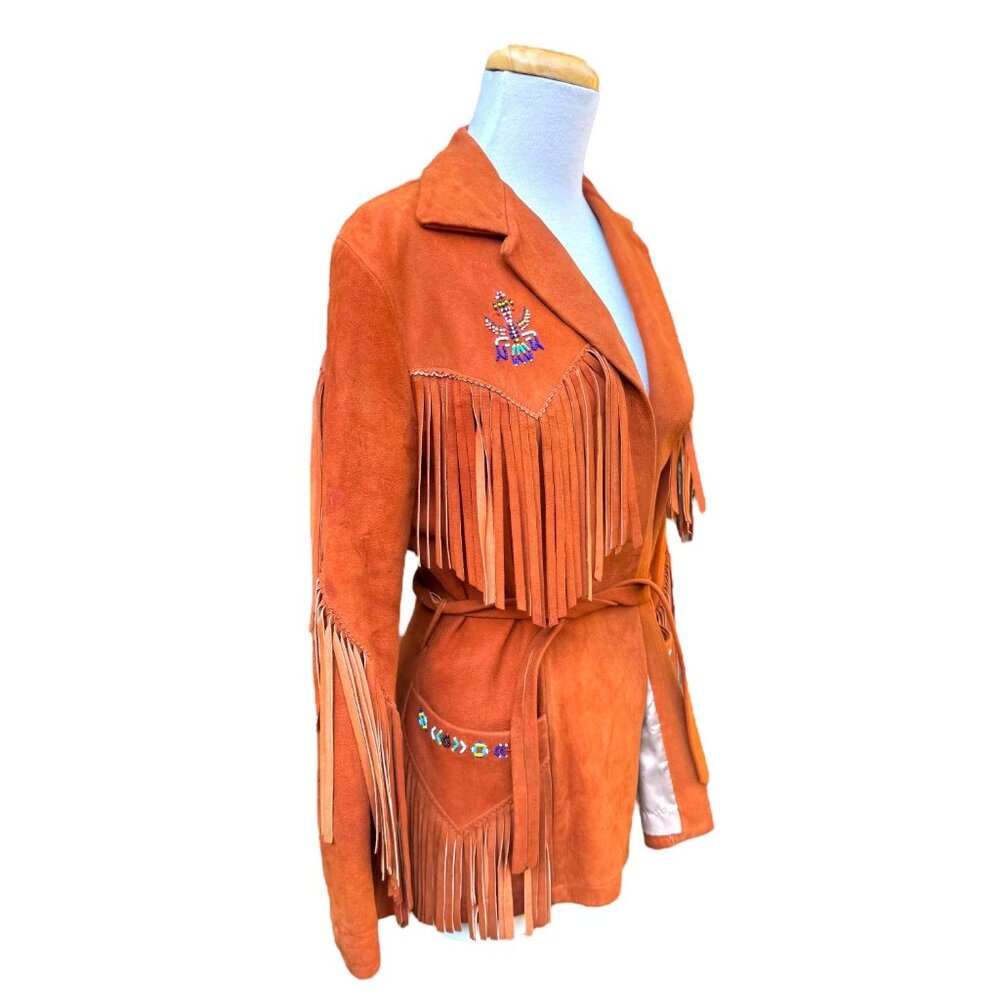 Vintage Womens Fringe Embroidered Suede Jacket With Belt Artisan Designed - Picture 3 of 9